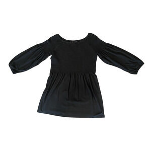 J Jill Womens XS Shirt Dress Black Smocked Raglan Peasant Sleeve Boho Tunic Top